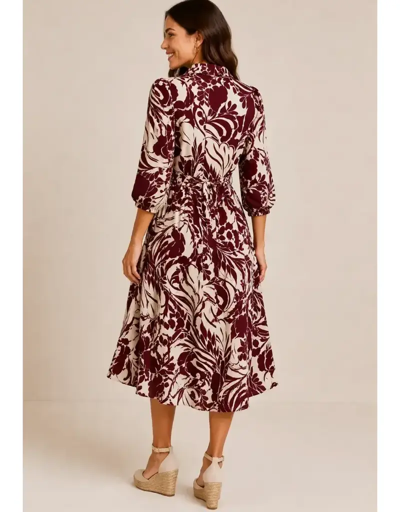 Linique 3/4 Balloon Sleeve Leaf Button Down Midi Dress