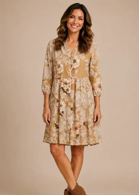 Linique Floral Button Down Peasant Sleeve Dress