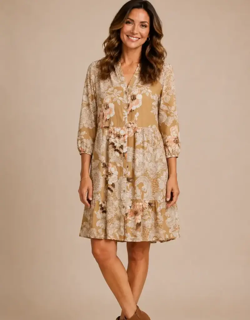 Linique Floral Button Down Peasant Sleeve Dress