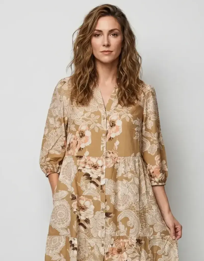 Linique Floral Button Down Peasant Sleeve Dress