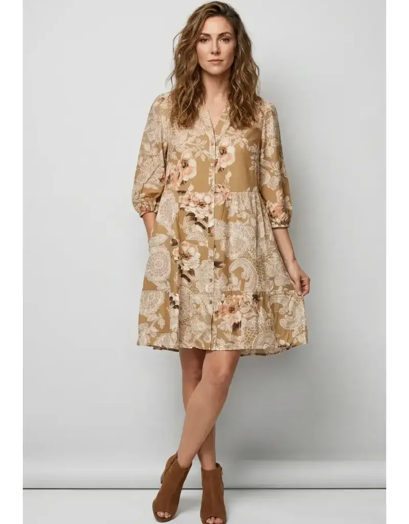 Linique Floral Button Down Peasant Sleeve Dress