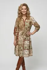 Linique Floral Patchwork Self Sash Dress