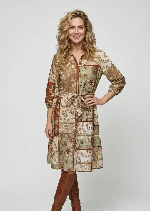 Linique Floral Patchwork Self Sash Dress