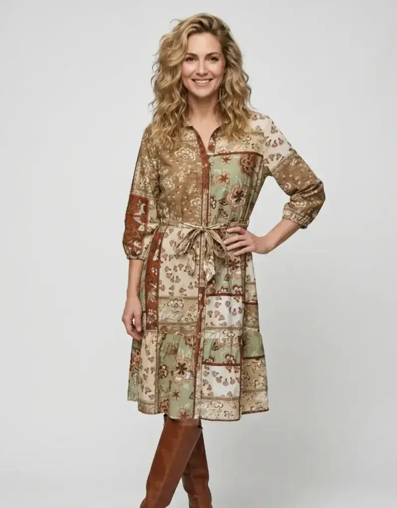 Linique Floral Patchwork Self Sash Dress