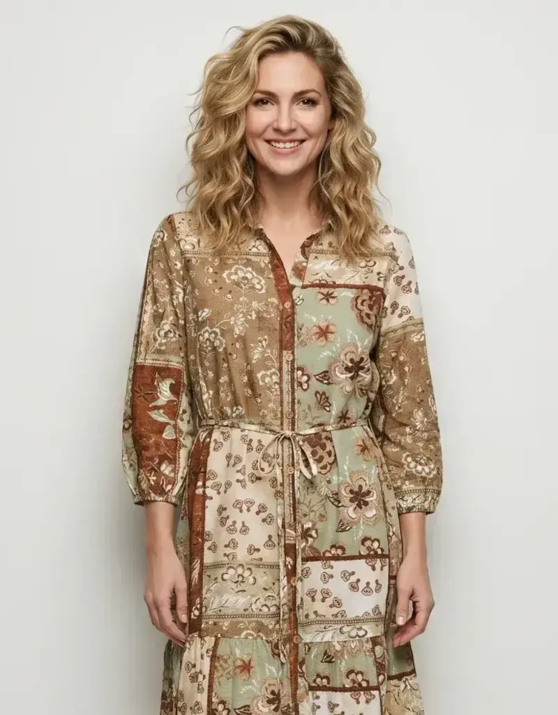 Linique Floral Patchwork Self Sash Dress