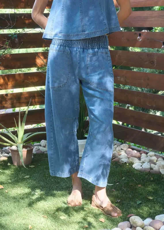Smocked Waist Pocket Detail Denim Pants