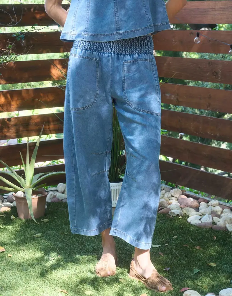 Smocked Waist Pocket Detail Denim Pants