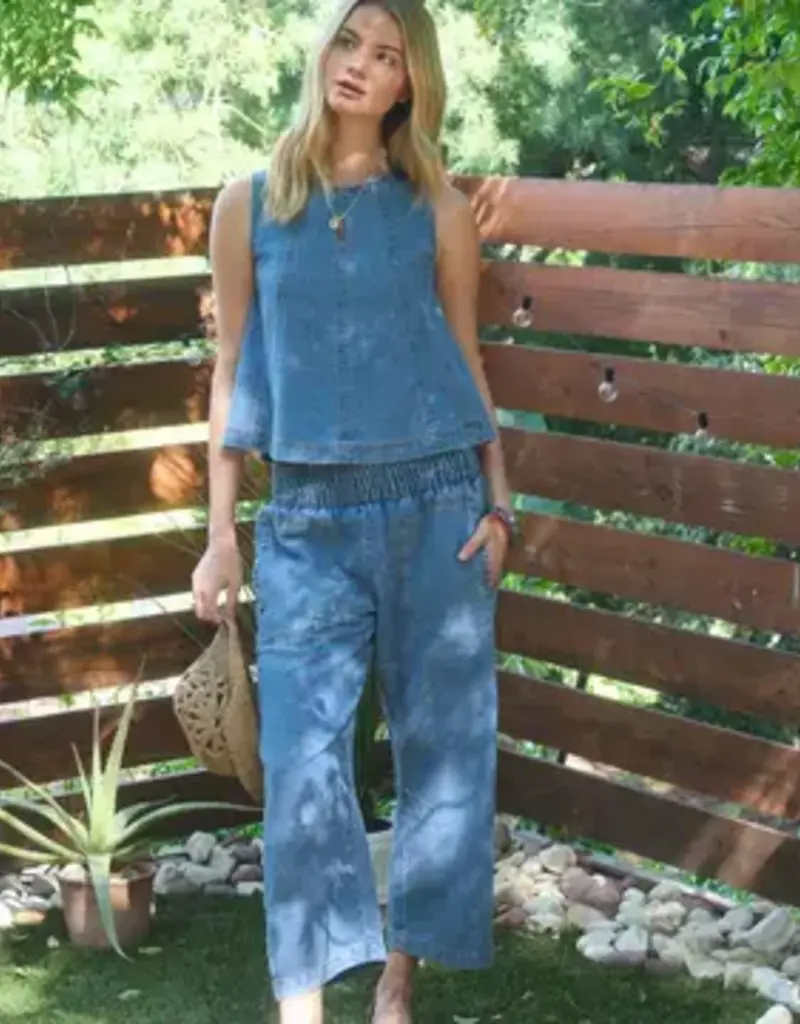 Smocked Waist Pocket Detail Denim Pants
