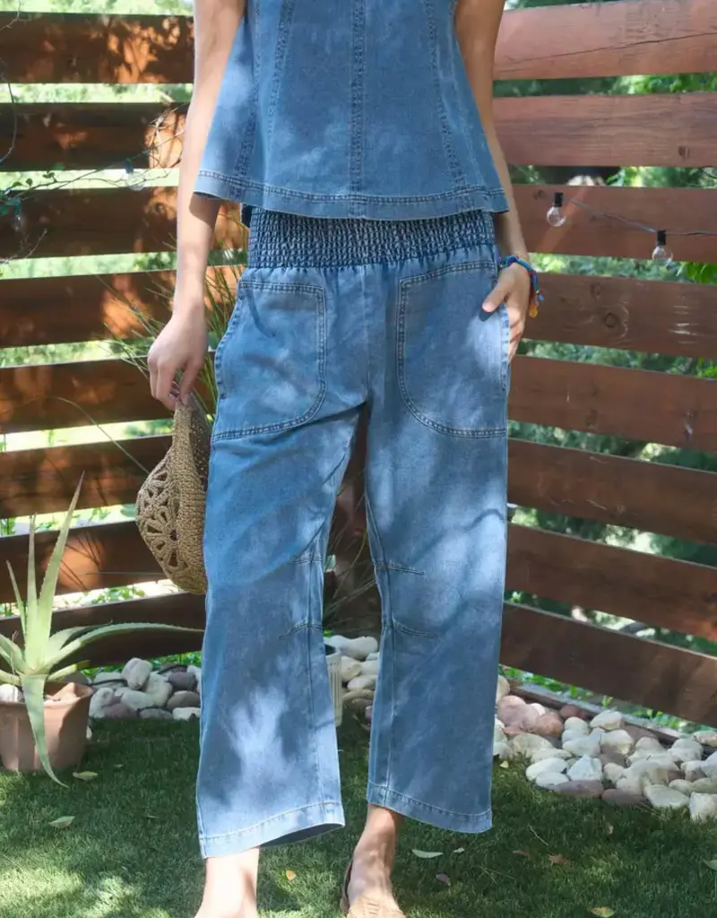 Smocked Waist Pocket Detail Denim Pants
