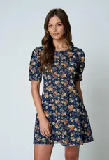 Floral Denim Dress W/Puff Sleeves