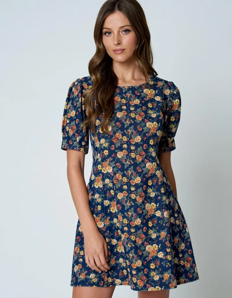 Floral Denim Dress W/Puff Sleeves