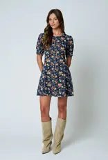 Floral Denim Dress W/Puff Sleeves