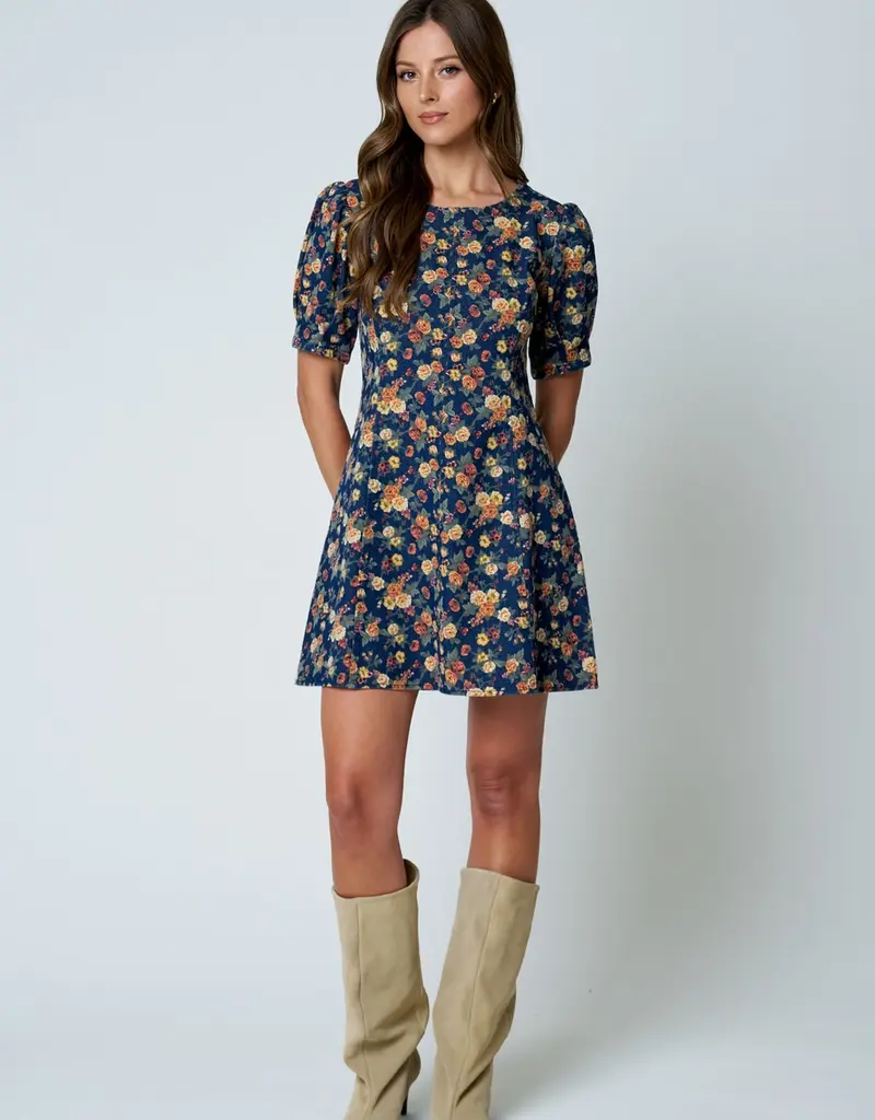 Floral Denim Dress W/Puff Sleeves