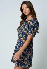 Floral Denim Dress W/Puff Sleeves