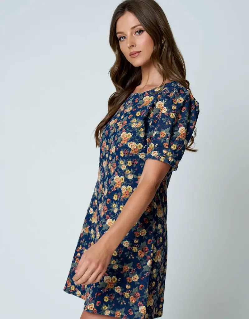 Floral Denim Dress W/Puff Sleeves
