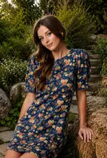Floral Denim Dress W/Puff Sleeves