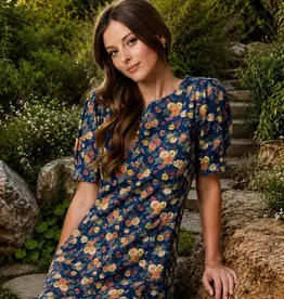 Floral Denim Dress W/Puff Sleeves