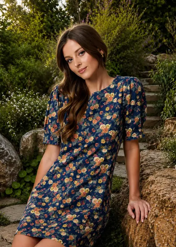 Floral Denim Dress W/Puff Sleeves