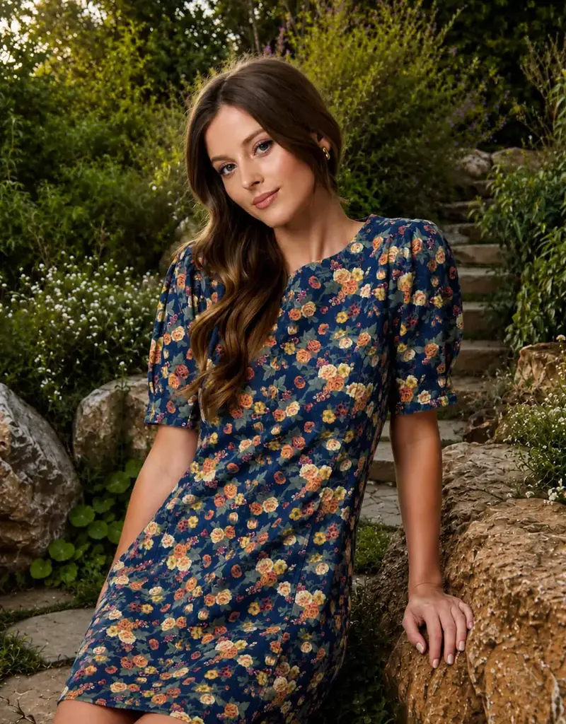 Floral Denim Dress W/Puff Sleeves