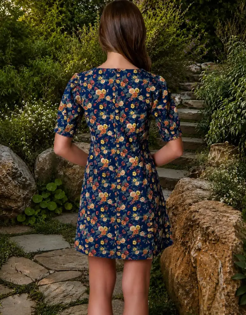 Floral Denim Dress W/Puff Sleeves