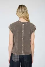 Acid Washed Button Back Knit Top With Tab Sleeve