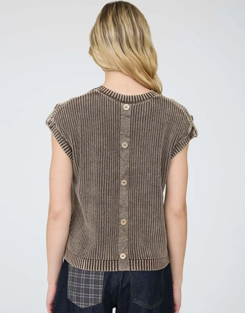 Acid Washed Button Back Knit Top With Tab Sleeve