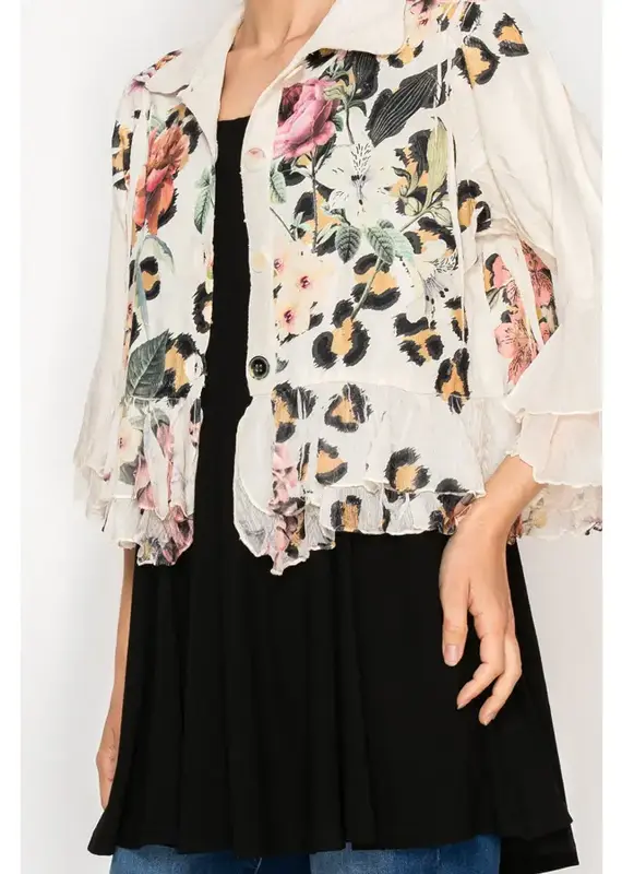 Caroline Floral Jacket W/Ruffle Hem & Sleeve Detail