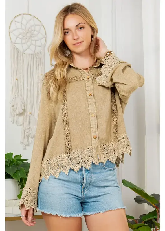 Blakely Boho Top With Lace Trim Hem & Cuffs