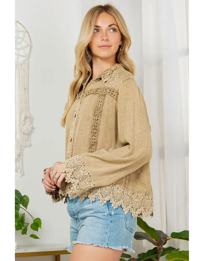 Blakely Boho Top With Lace Trim Hem & Cuffs