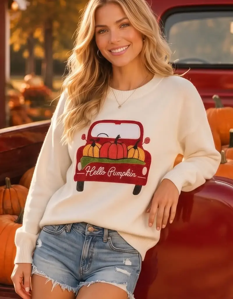 Pumpkin Truck Embroidered Patchwork Sweater