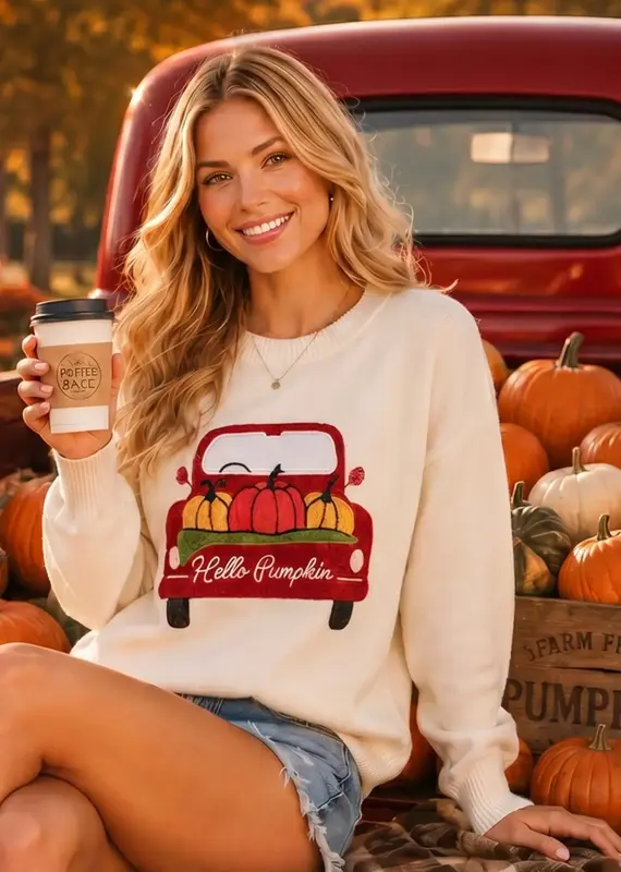 Pumpkin Truck Embroidered Patchwork Sweater