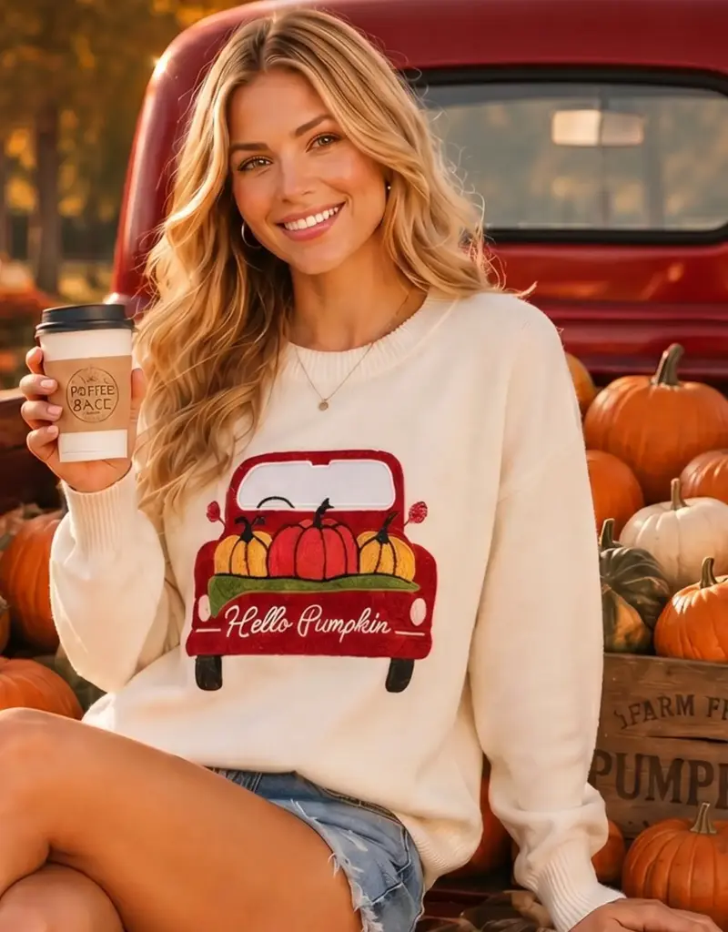 Pumpkin Truck Embroidered Patchwork Sweater
