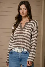 Rachel Stripe Raw Edge Split Neck Knit Sweater