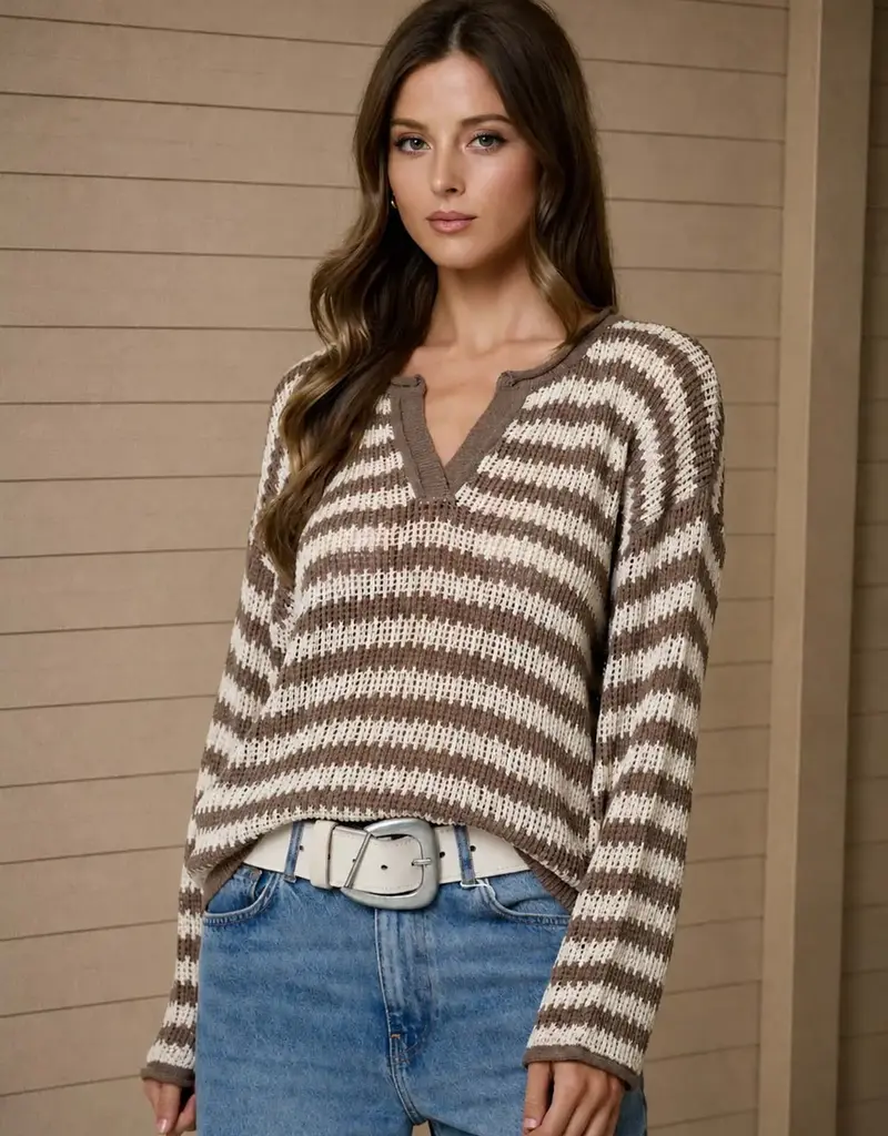 Rachel Stripe Raw Edge Split Neck Knit Sweater