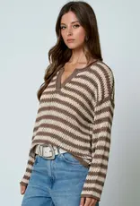 Rachel Stripe Raw Edge Split Neck Knit Sweater