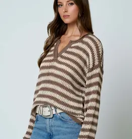 Rachel Stripe Raw Edge Split Neck Knit Sweater