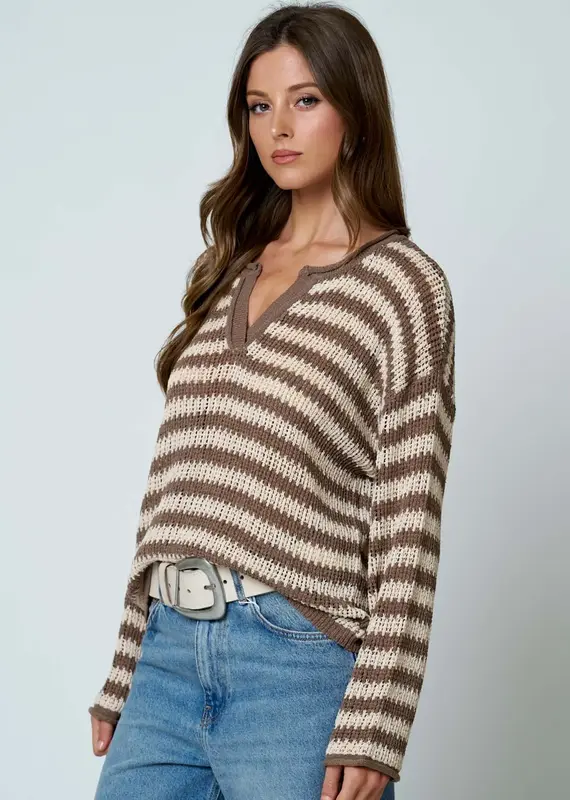 Rachel Stripe Raw Edge Split Neck Knit Sweater