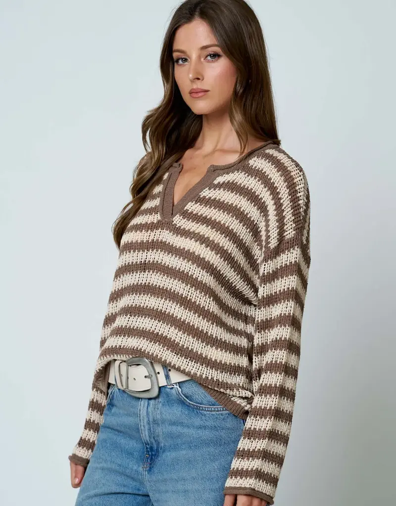 Rachel Stripe Raw Edge Split Neck Knit Sweater