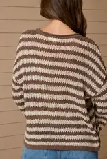 Rachel Stripe Raw Edge Split Neck Knit Sweater