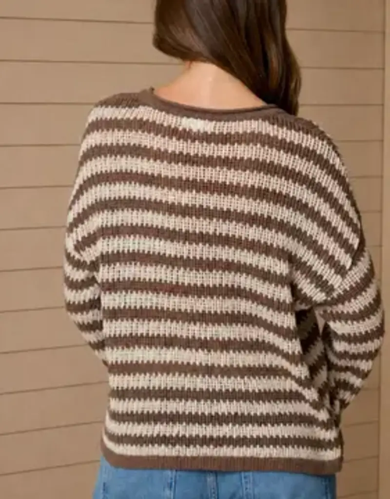 Rachel Stripe Raw Edge Split Neck Knit Sweater