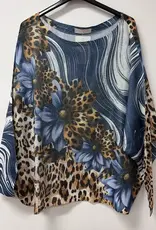 Leopard Daisy Swirl Print Knit Sweater - Navy - ONE SIZE