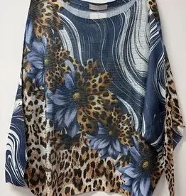 Leopard Daisy Swirl Print Knit Sweater - Navy - ONE SIZE