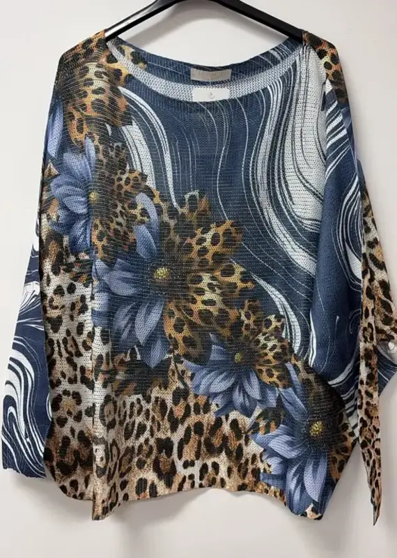 Leopard Daisy Swirl Print Knit Sweater - Navy - ONE SIZE