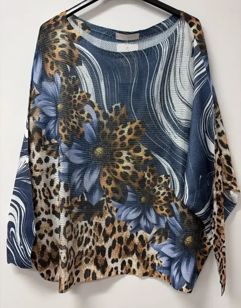 Leopard Daisy Swirl Print Knit Sweater - Navy - ONE SIZE