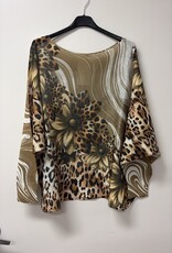 Leopard Daisy Swirl Print Knit Sweater - Khaki -ONE SIZE