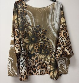 Leopard Daisy Swirl Print Knit Sweater - Khaki -ONE SIZE