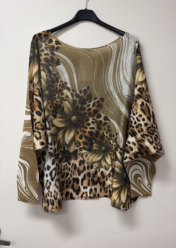Leopard Daisy Swirl Print Knit Sweater - Khaki -ONE SIZE