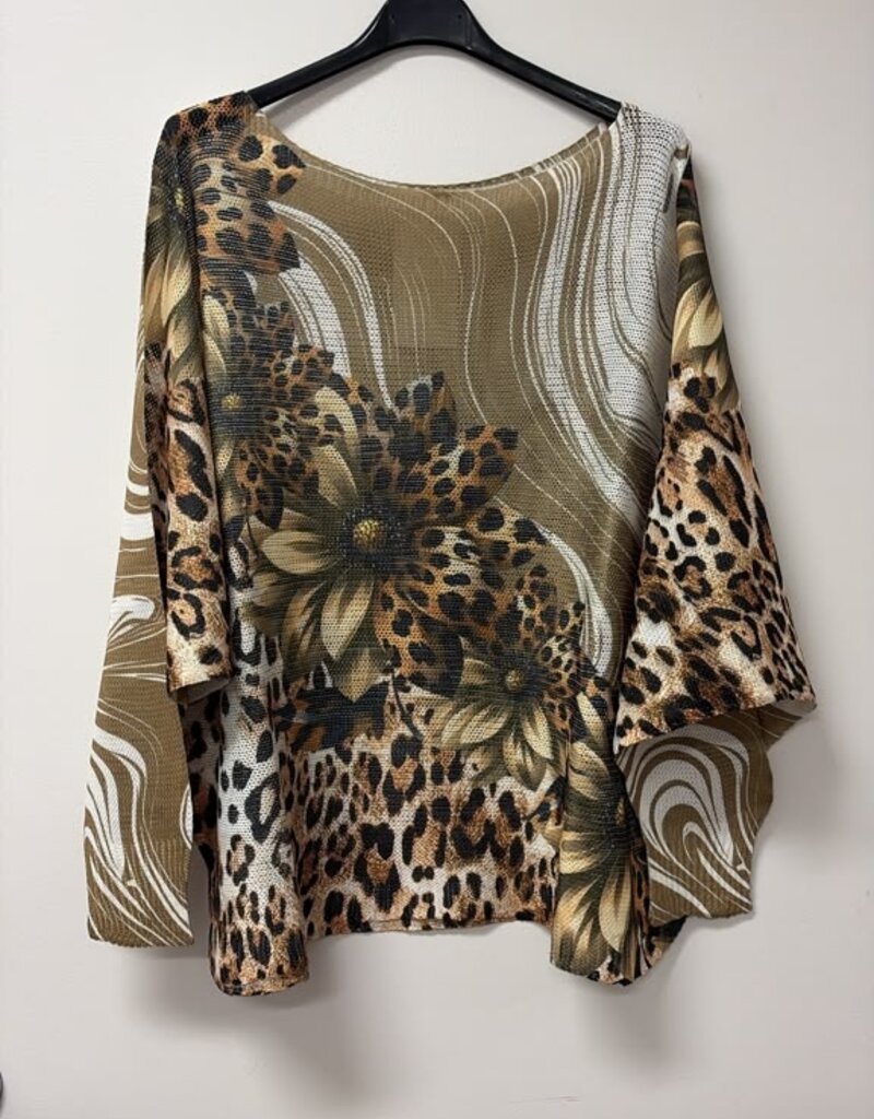 Leopard Daisy Swirl Print Knit Sweater - Khaki -ONE SIZE