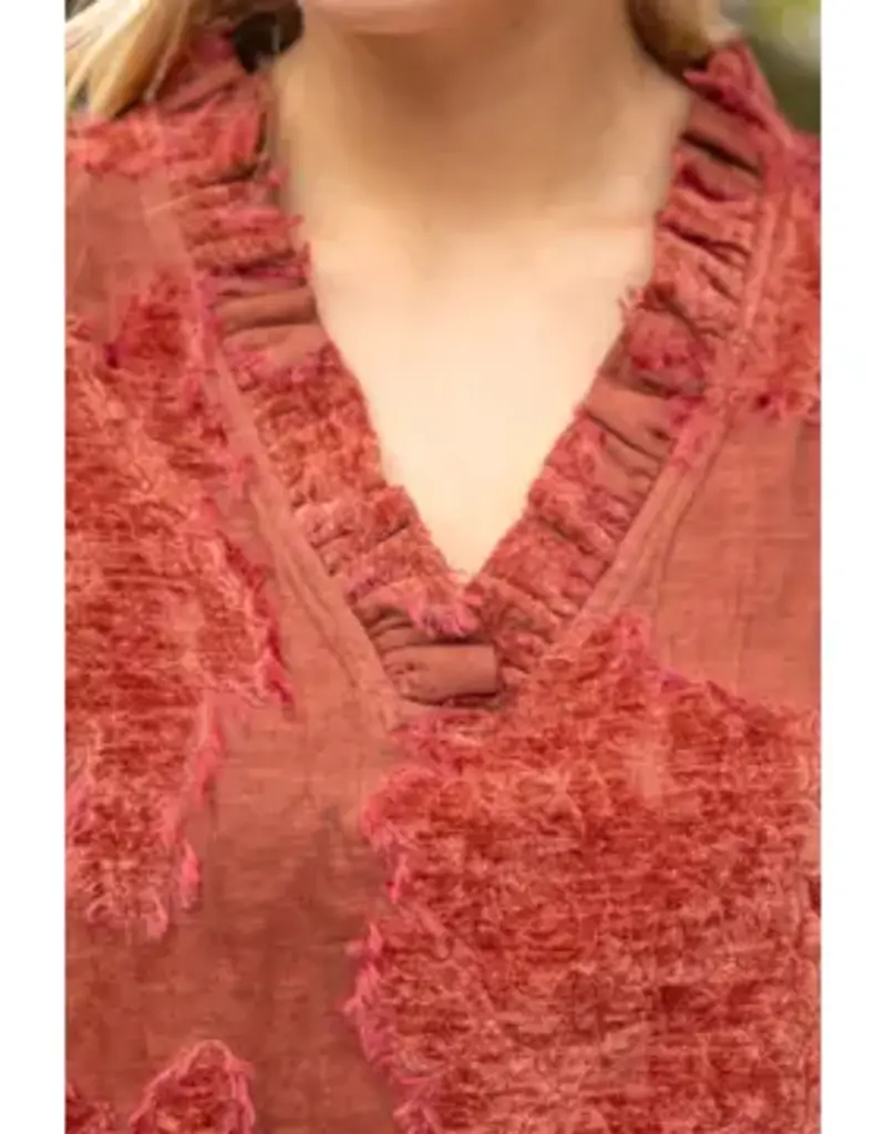 Valerie Ruffled V-Neck Textured Burnout Velvet Top