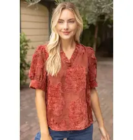 Valerie Ruffled V-Neck Textured Burnout Velvet Top